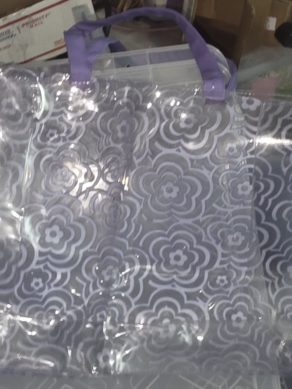 New With Tags! Clear Floral Pattern Tote Bag with Purple Handles